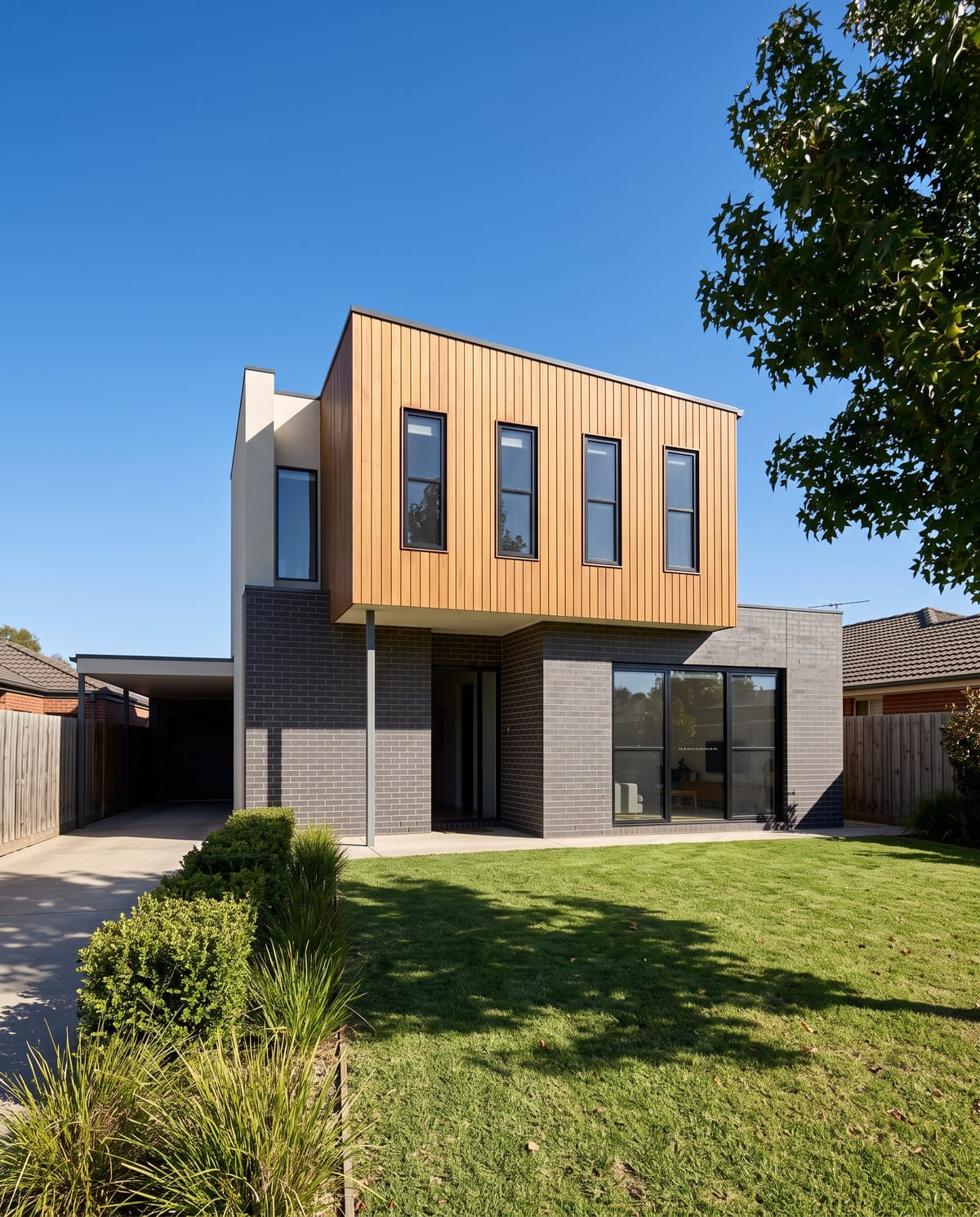 Batten House: a two-storey home on a suburban block, a timber-clad upper floor with four tall narrow windows cantilevered over a grey brick ground floor, lawn in front.